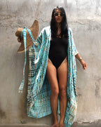 Robe Kimono Tie and Dye Manches Mi-longues Lumière Bleu