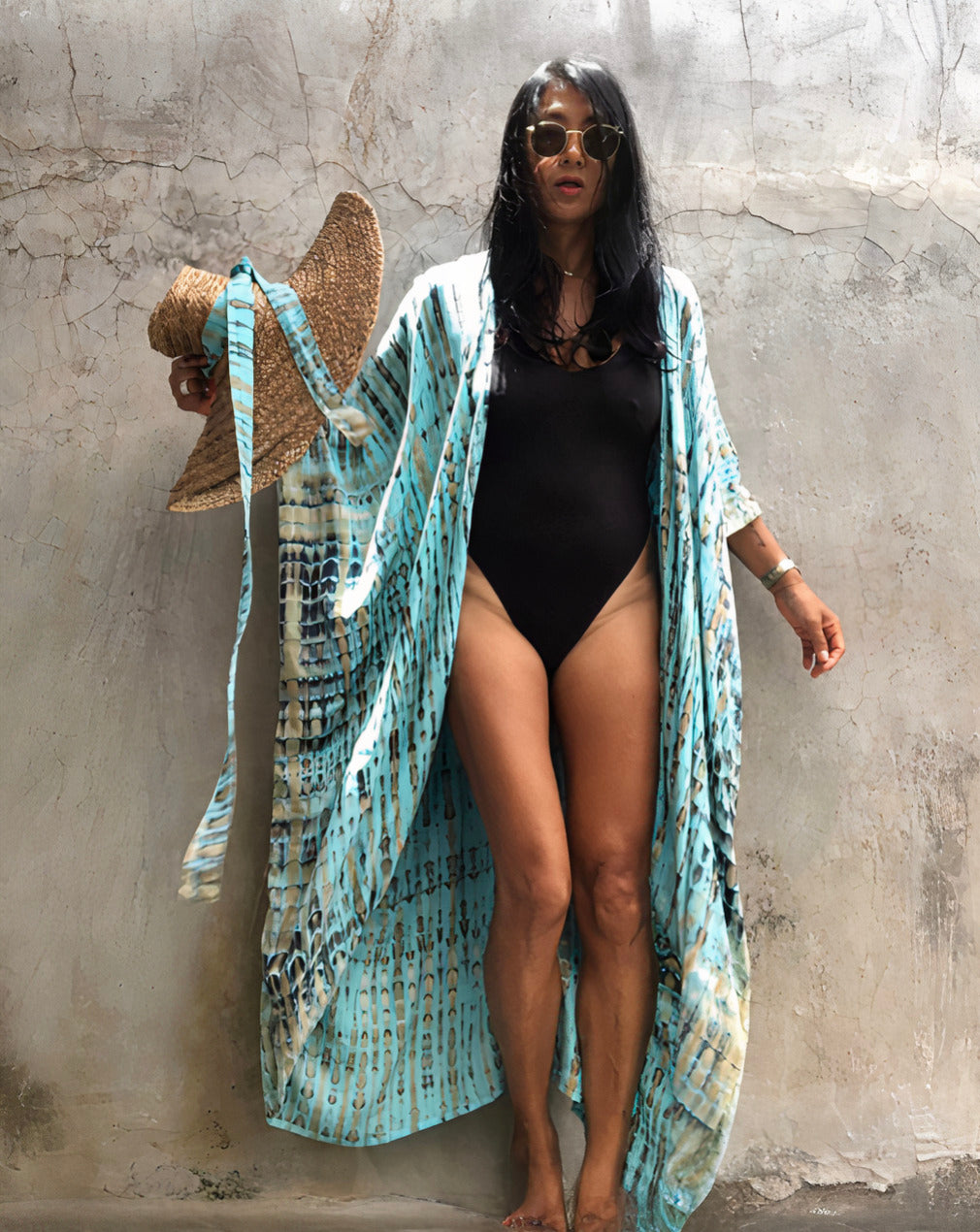 Robe Kimono Tie and Dye Manches Mi-longues Lumière Bleu
