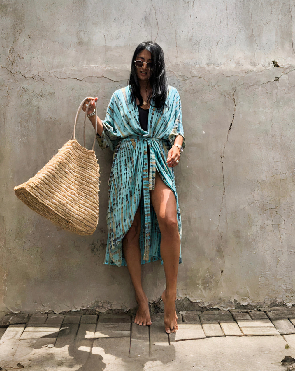 Robe Kimono Tie and Dye Manches Mi-longues Lumière Bleu