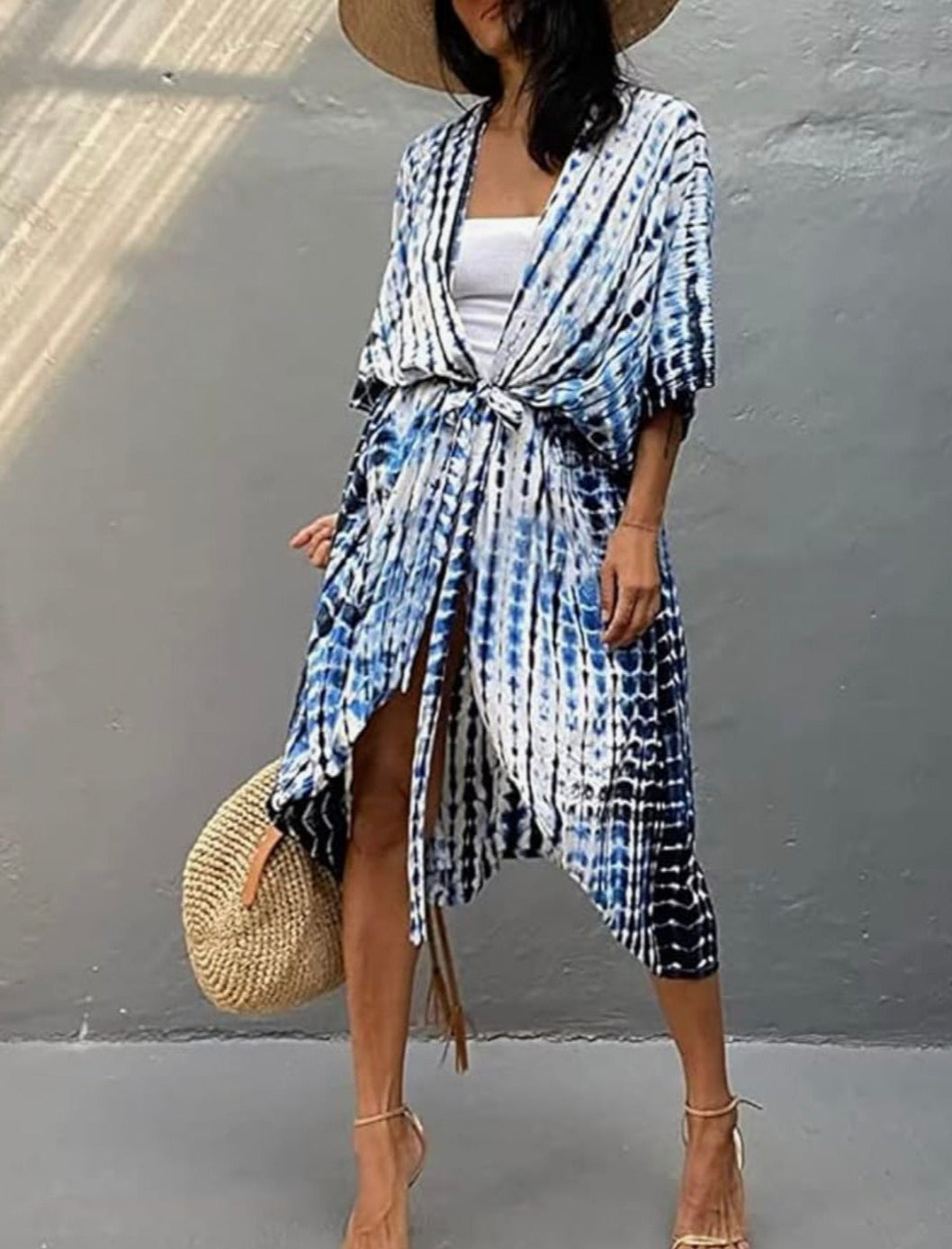 Robe Kimono Tie and Dye Manches Mi-longues Bleu ciel