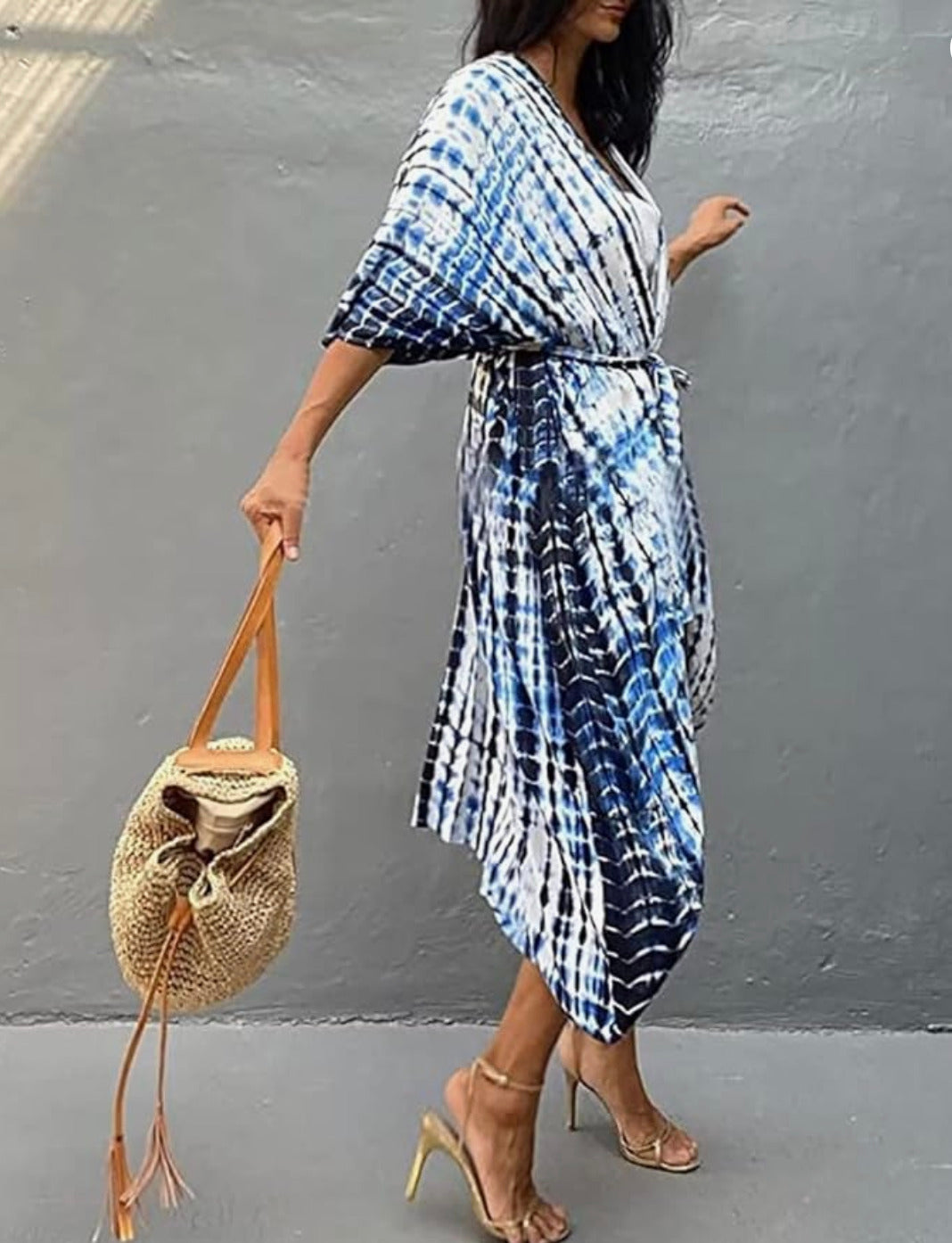 Robe Kimono Tie and Dye Manches Mi-longues Bleu ciel