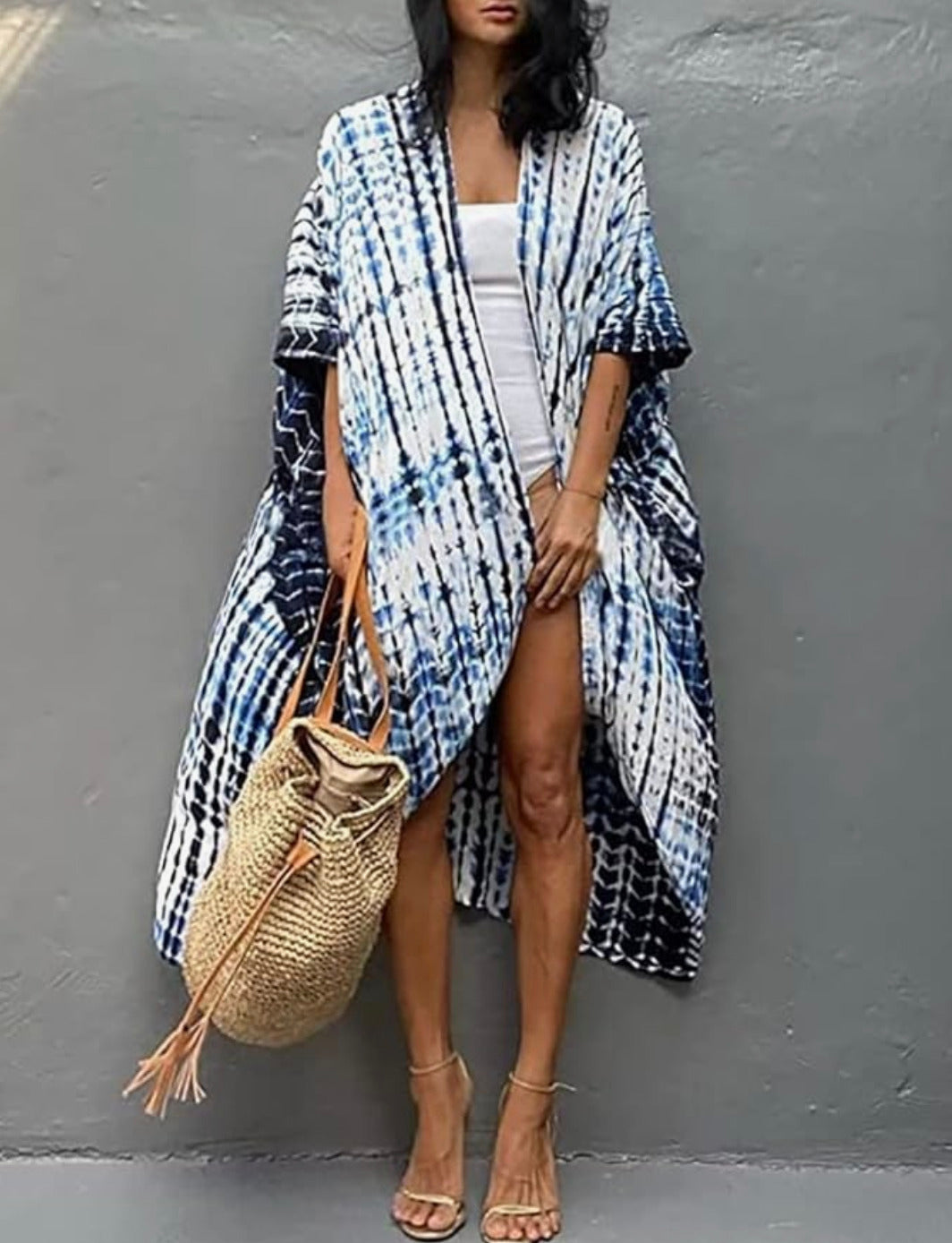 Robe Kimono Tie and Dye Manches Mi-longues Bleu ciel