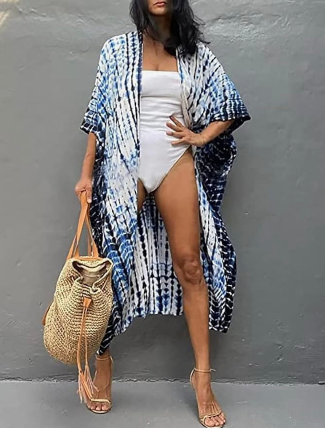Robe Kimono Tie and Dye Manches Mi-longues Bleu ciel