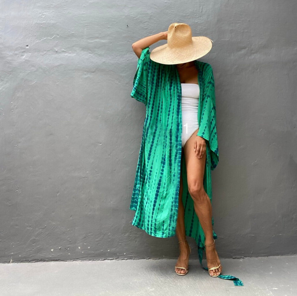 Robe Kimono Tie and Dye Manches Mi-longues Vert jungle