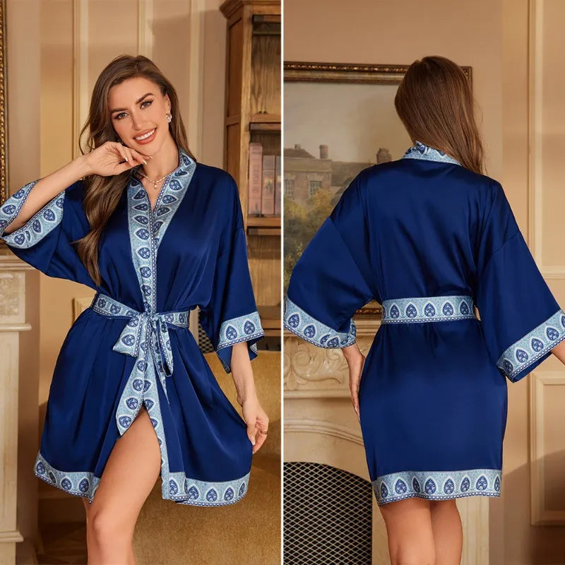 Kimono de nuit en satin Robe Bleu Marine