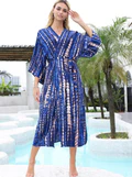 Kimono long mode bikini avec ceinture bleu rayé