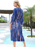Kimono long mode bikini avec ceinture bleu rayé