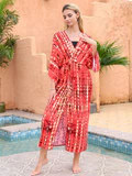 Kimono long mode bikini avec ceinture orange rayé