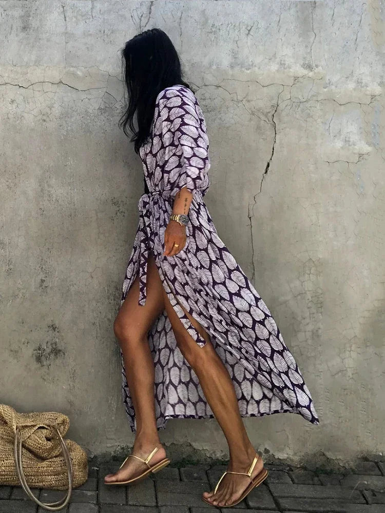 Robe Kimono Tie and Dye Manches Mi-longues Vert crépuscule