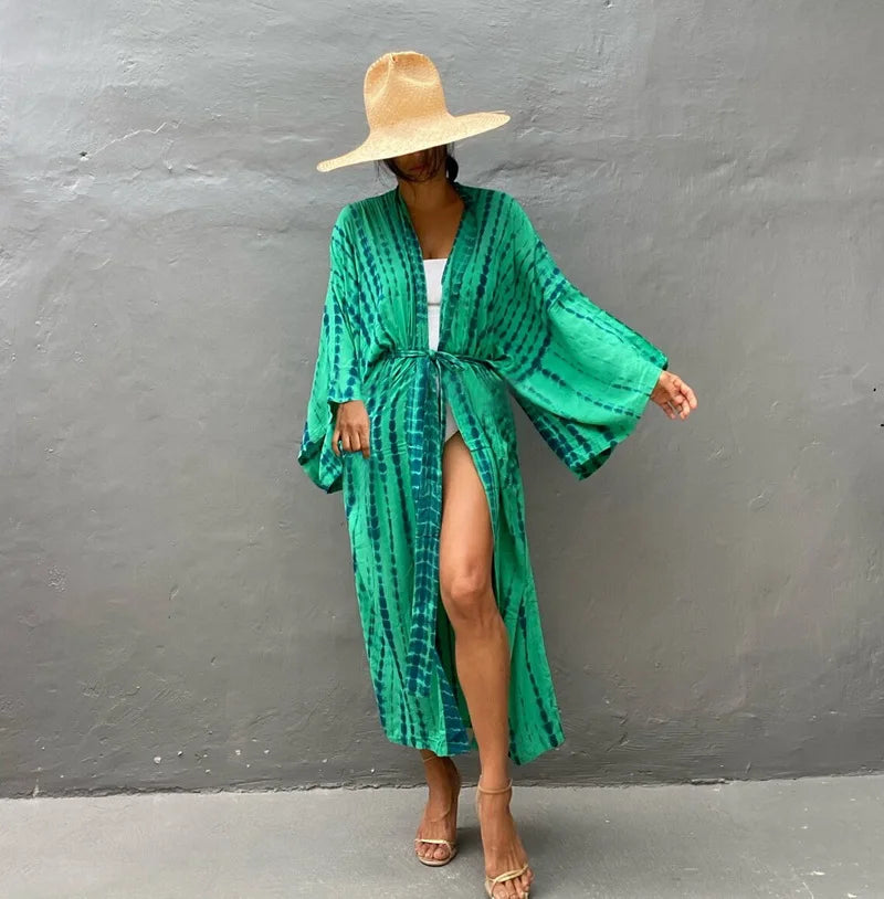 Kimono long mode bikini avec ceinture Vert claire rayé