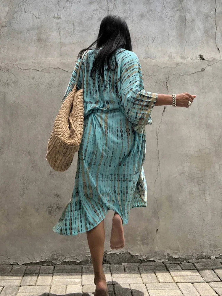Robe Kimono Tie and Dye Manches Mi-longues Vert crépuscule
