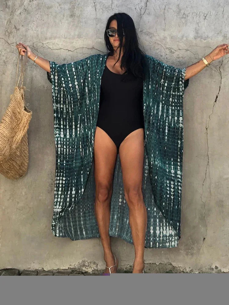 Robe Kimono Tie and Dye Manches Mi-longues Vert crépuscule