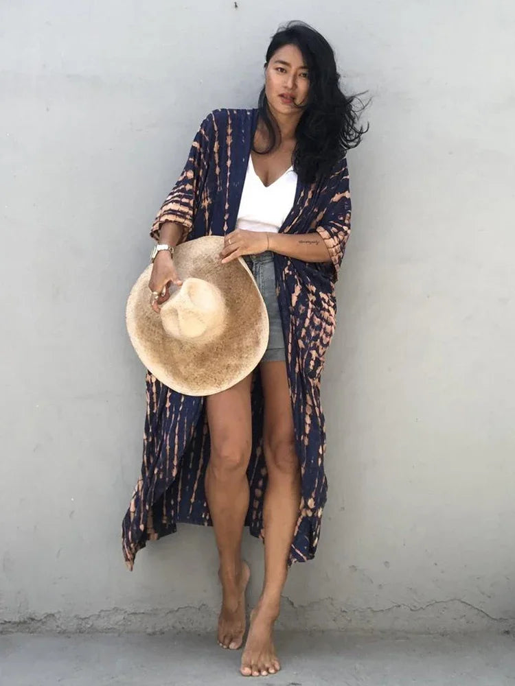 Robe Kimono Tie and Dye Manches Mi-longues Vert crépuscule