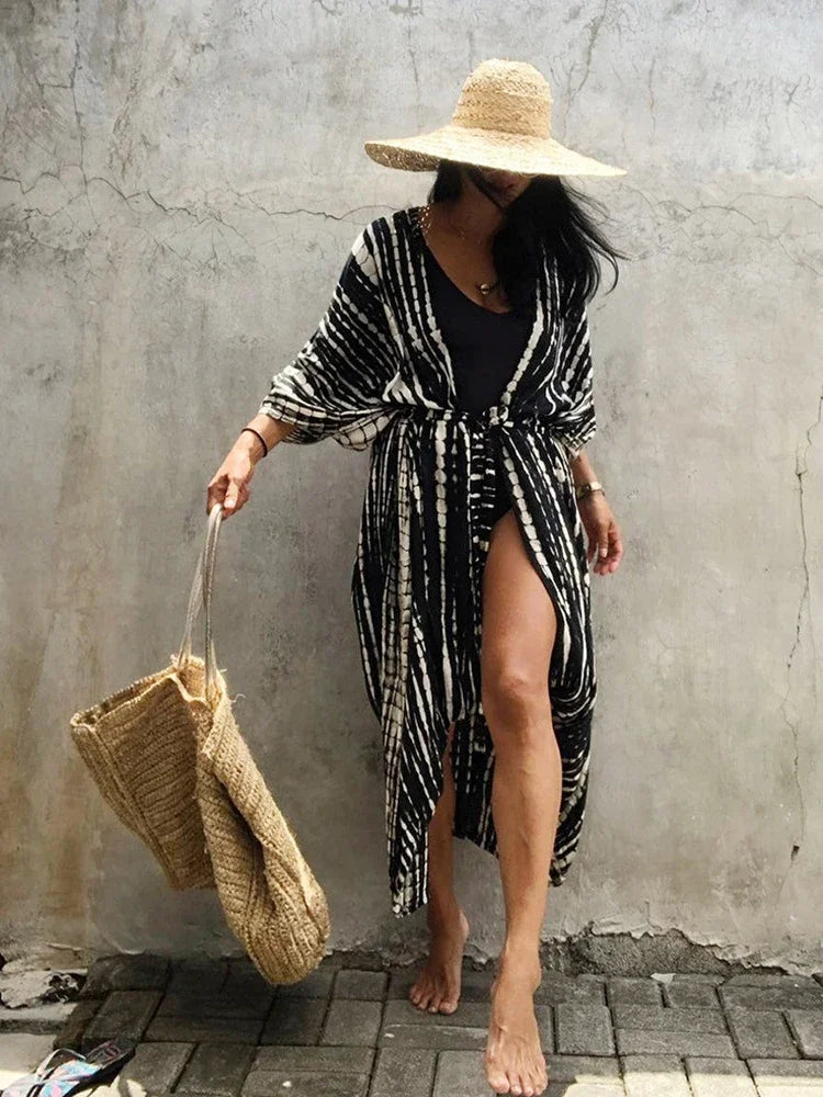 Robe Kimono Tie and Dye Manches Mi-longues Noir profond