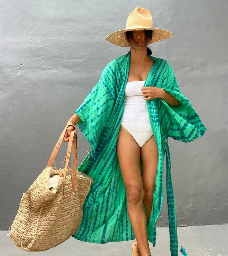 Kimono long mode bikini avec ceinture Vert claire rayé
