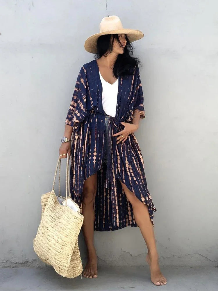 Robe Kimono Tie and Dye Manches Mi-longues Vert crépuscule