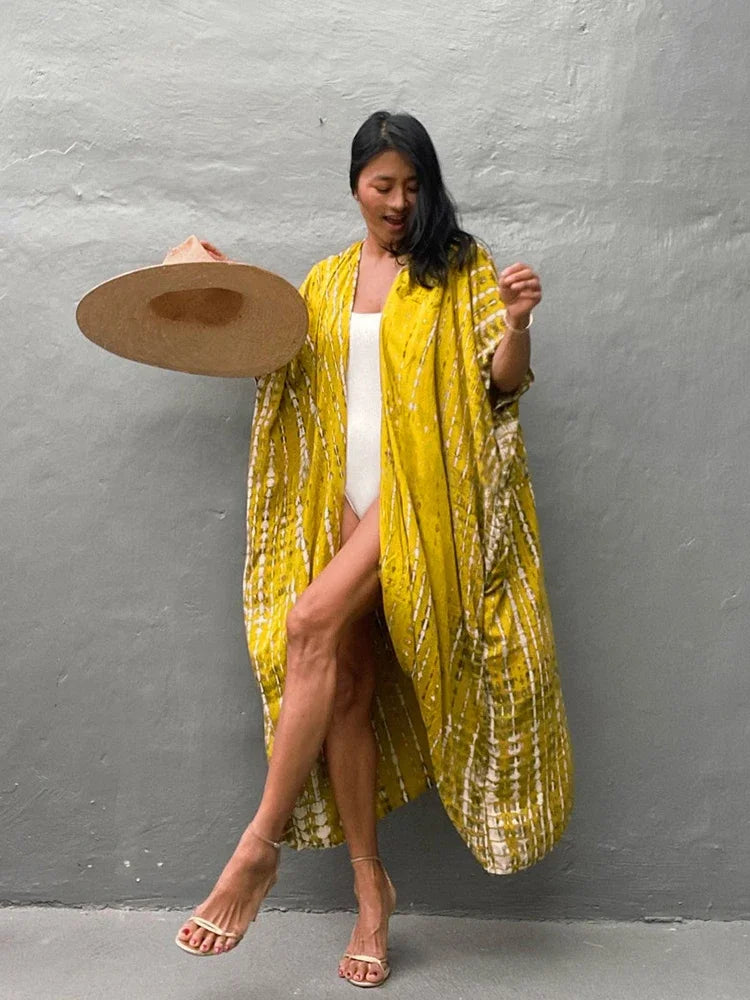Robe Kimono Tie and Dye Manches Mi-longues Vert crépuscule
