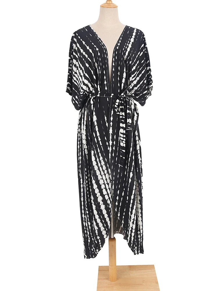 Robe Kimono Tie and Dye Manches Mi-longues Vert crépuscule