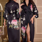 Robe longue en satin Noir à fleur