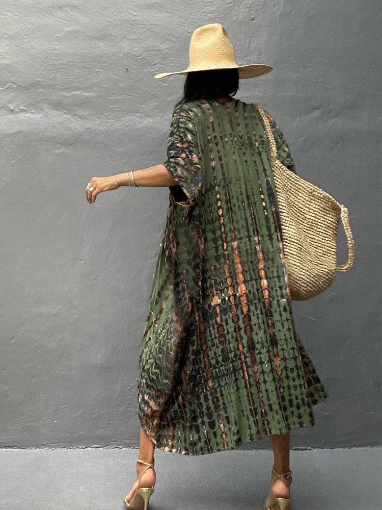 Robe Kimono Tie and Dye Manches Mi-longues Vert crépuscule