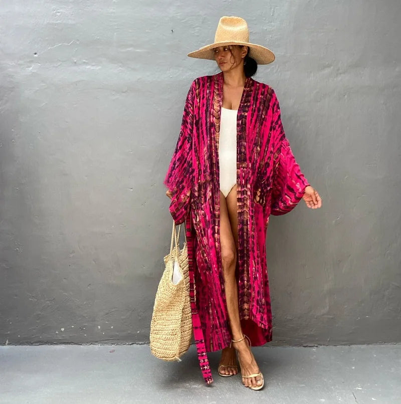 Kimono long mode bikini avec ceinture Rose rayé