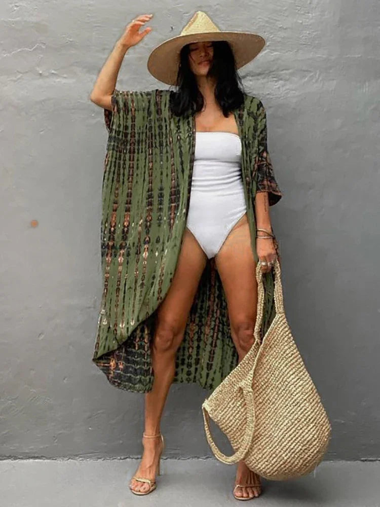 Robe Kimono Tie and Dye Manches Mi-longues Vert crépuscule