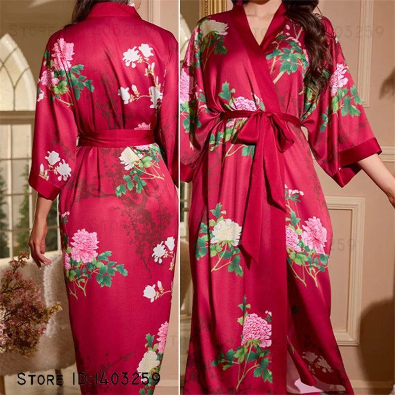 Robe longue en satin épines rouges
