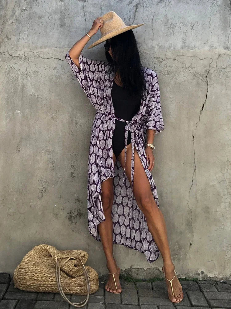 Robe Kimono Tie and Dye Manches Mi-longues Vert crépuscule