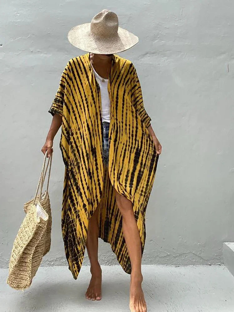 Robe Kimono Tie and Dye Manches Mi-longues Noir profond