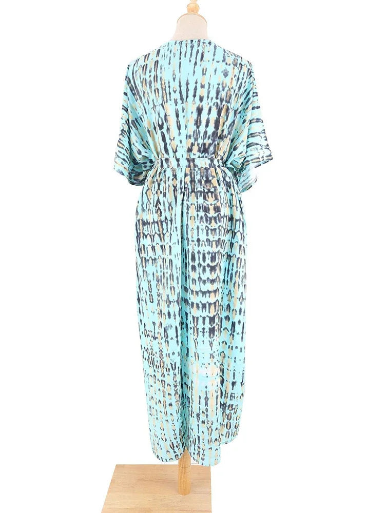 Robe Kimono Tie and Dye Manches Mi-longues Vert crépuscule
