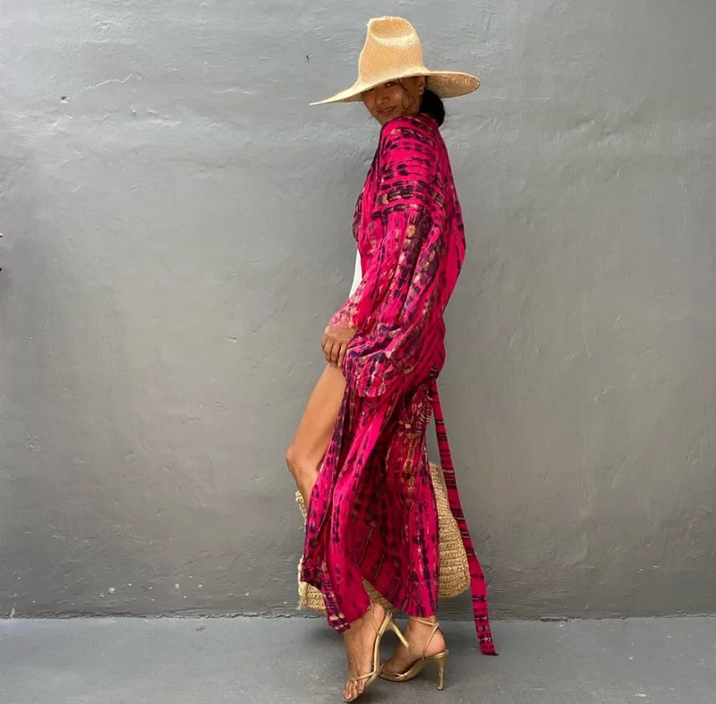 Kimono long mode bikini avec ceinture Rose rayé