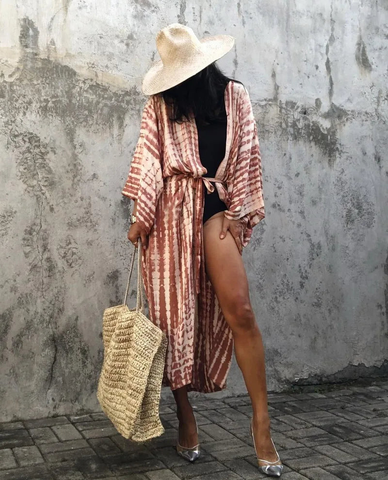 Kimono long mode bikini avec ceinture marron rayé