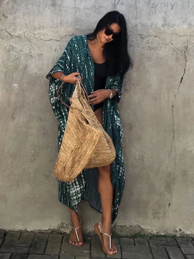 Robe Kimono Tie and Dye Manches Mi-longues Vert crépuscule