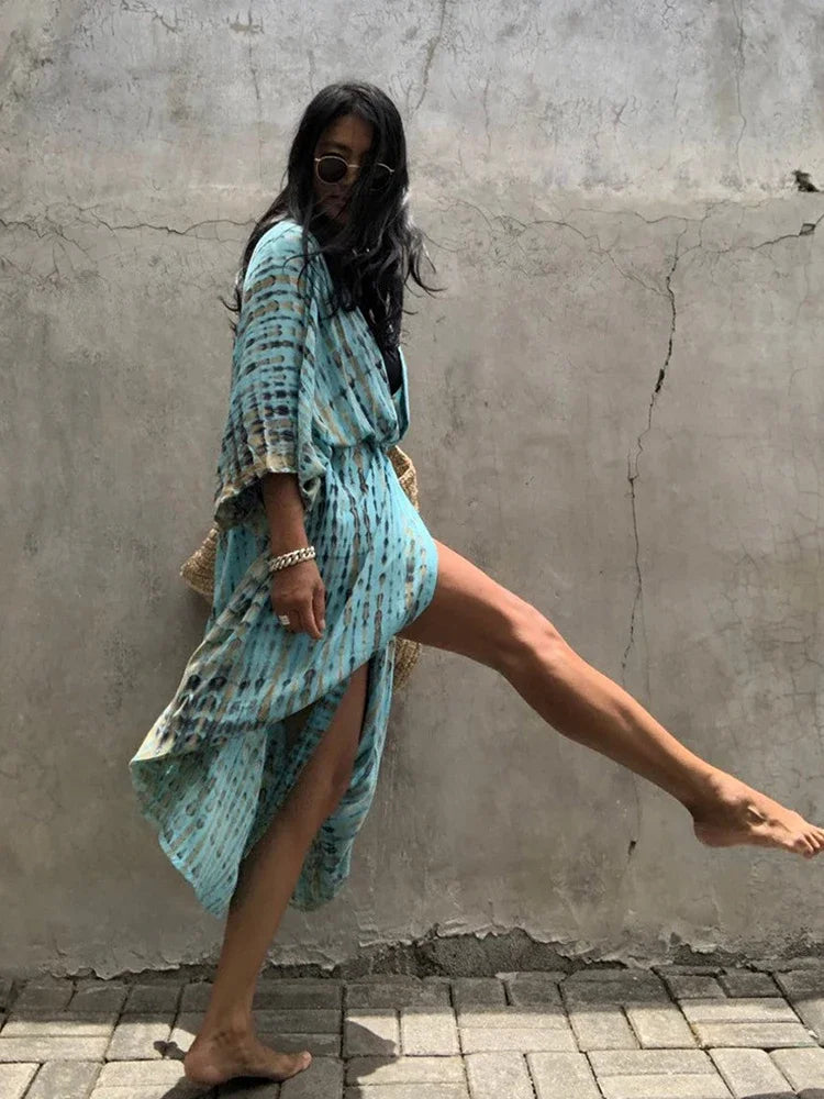Robe Kimono Tie and Dye Manches Mi-longues Vert crépuscule