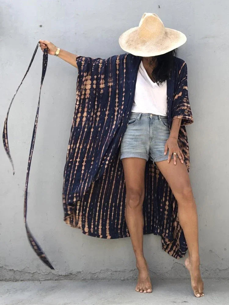 Robe Kimono Tie and Dye Manches Mi-longues Vert crépuscule