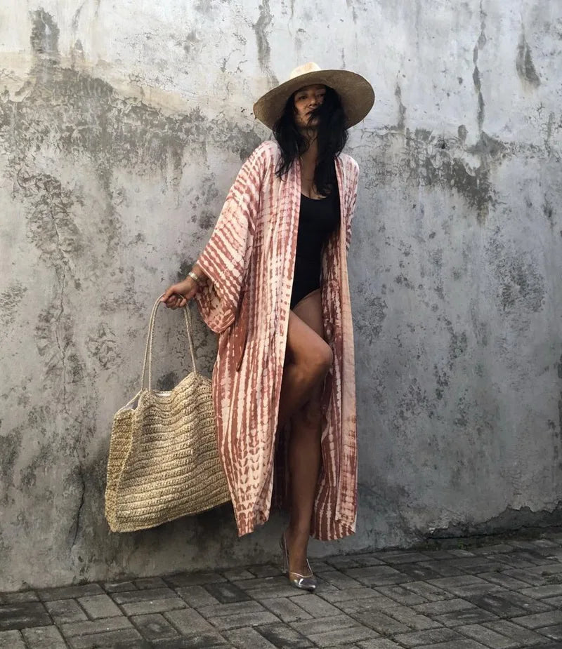Kimono long mode bikini avec ceinture marron rayé