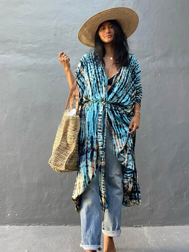 Robe Kimono Tie and Dye Manches Mi-longues Noir profond