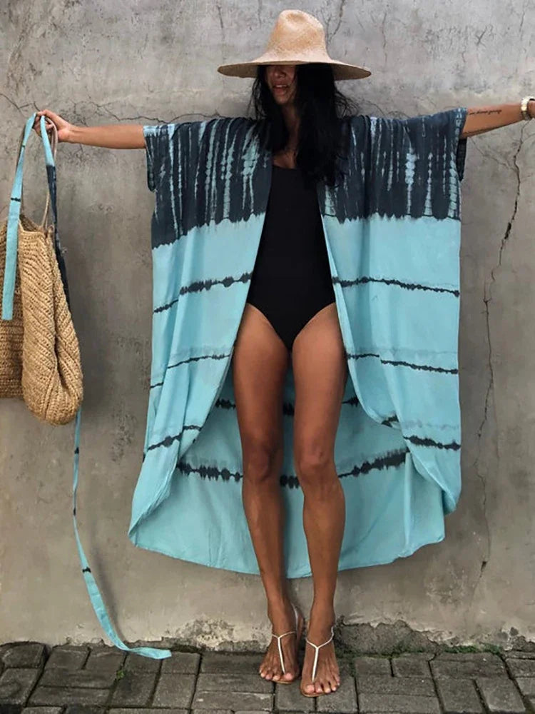 Robe Kimono Tie and Dye Manches Mi-longues Vert crépuscule