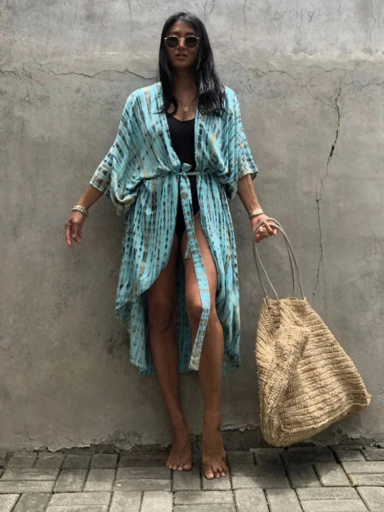 Robe Kimono Tie and Dye Manches Mi-longues Vert crépuscule