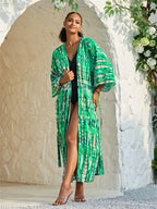 Kimono long mode bikini avec ceinture Vert claire rayé
