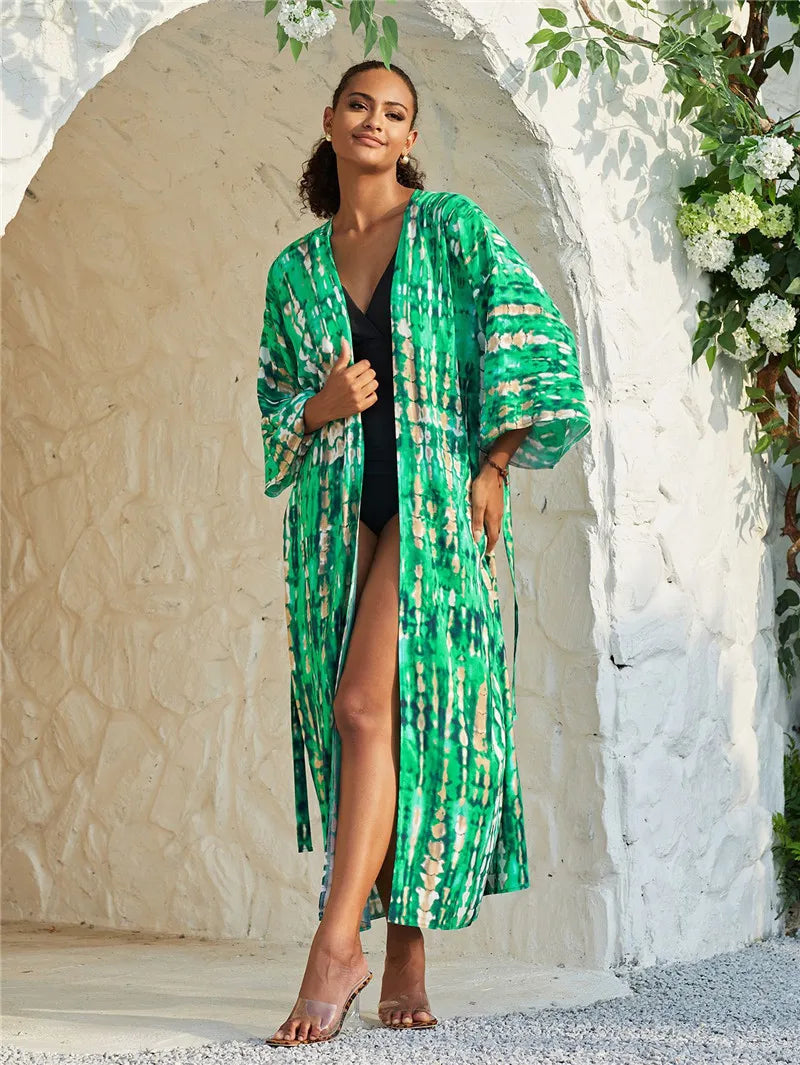 Kimono long mode bikini avec ceinture Vert claire rayé