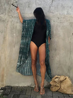 Robe Kimono Tie and Dye Manches Mi-longues Noir profond