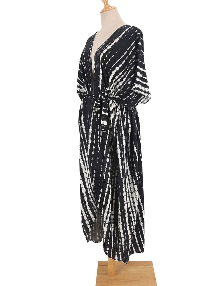 Robe Kimono Tie and Dye Manches Mi-longues Noir profond