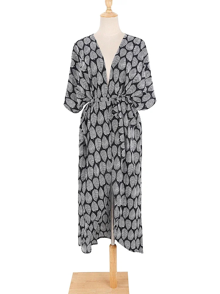 Robe Kimono Tie and Dye Manches Mi-longues Vert crépuscule