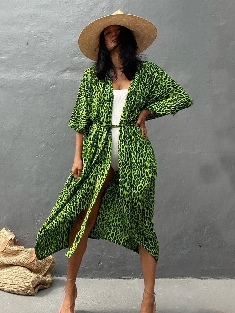Robe Kimono Tie and Dye Manches Mi-longues Vert Léopard