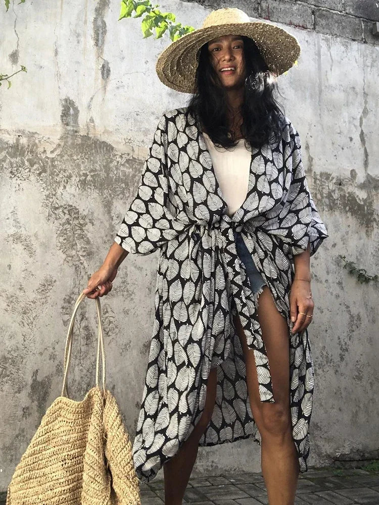 Robe Kimono Tie and Dye Manches Mi-longues Vert crépuscule