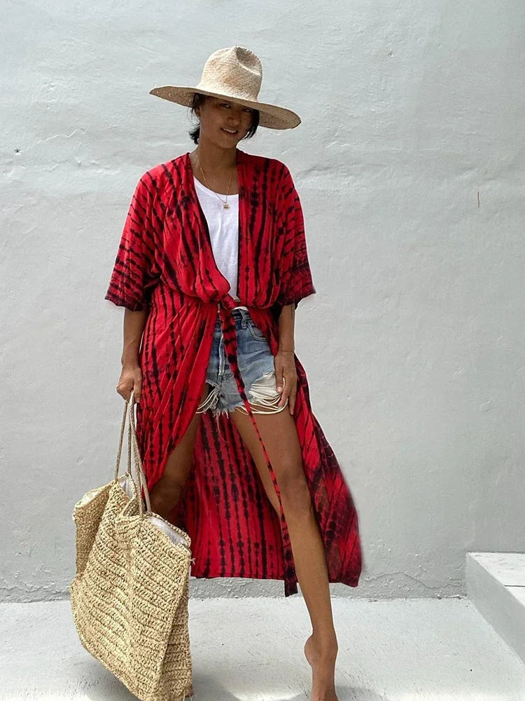Robe Kimono Tie and Dye Manches Mi-longues Noir profond