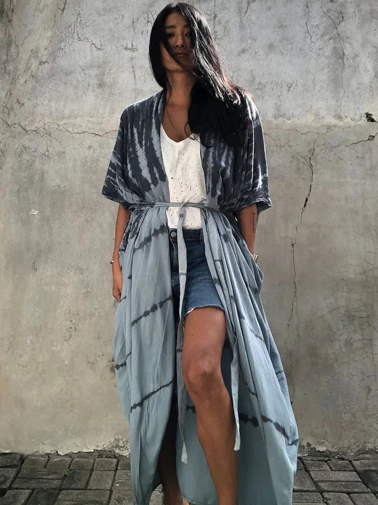 Robe Kimono Tie and Dye Manches Mi-longues Vert crépuscule