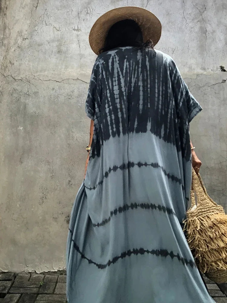 Robe Kimono Tie and Dye Manches Mi-longues Vert crépuscule