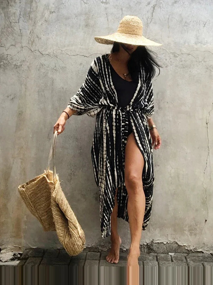 Robe Kimono Tie and Dye Manches Mi-longues Noir profond